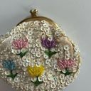 Vintage 50s 60s Sequin Coin Purse Framed Clutch Floral Beaded Satin Lining Cream Photo 2