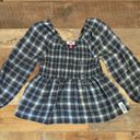 Tommy Hilfiger Tommy Jeans Womens Size Medium Plaid Peplum Smocked Top •Scoop Neck Long Sleeves Photo 10