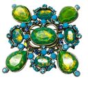 Statement Brooch Pin Greens Blues Clear Iridescent Stones Silver Tone Metal Photo 0