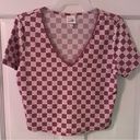 belle du jour Juniors Pink Floral Checkered V-Neck Short Sleeve Fitted Crop Top Photo 0