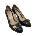 Fendi  Womens Size 36.5 FF Buckle Pumps Heel Black Gold Leather Round Toe Slip On Photo 0