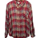 Westbound Womens Button Shirt Plus Sz 2X Red Plaid Paisley Overprint Rayon LS Boho Casual Photo 0