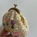 Vintage 50s 60s Sequin Coin Purse Framed Clutch Floral Beaded Satin Lining Cream Photo 1