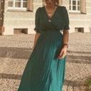 ZARA  Jamilla Chiffon Pleated Midi Dress Green Size XS Vneck Sheer Balloon Sleeve Photo 4