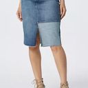 NYDJ Denim Midi Skirt Size 8 Front Patch- Clean Seline Knee Length Blue Fringe Hem Photo 5