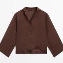 Massimo Dutti NWT  Brown Linen Blouse Polo Collar Size Small Photo 1