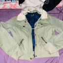 American Eagle Baby Doll Bomber Jacket sz Large  Olive colored with removable grey hoodie Photo 5