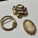 Monet Lot Of 3 Signed  Gold Tone Brooch Pins Resin Cameo, Swirl, Knotted Circle Photo 0