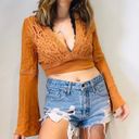 Essue Lace V Neck Crop Top Rust Bell Sleeves Photo 2