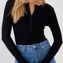 Free The Roses  Ribbed Knit Henley V-Neck Button Front Bodysuit Top Black Large Photo 0