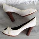 Fendi  Ivory Perforated Leather Buckle Peep Toe Wooden High Heels Photo 1