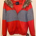 American Eagle AEO Faux Fur Trim Lined Orange & Gray Zip Hoodie - size XL Photo 0