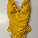 DKNY  Ruffle Plunge Underwire Tummy Control One Piece Yellow Swimsuit Size 10 NWT Photo 1