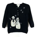 Susan Bristol  | Black Cotton Sequin Snowman Henley 2/3 Sleeve Sweater M Photo 0