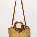 Fossil Vintage  Tan Straw Basket Weave Leather Round Wood Handle Hobo Purse Bag Photo 11