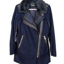 Sam Edelman  Navy Black Leah Coat Wool Faux Fur Vegan Leather Women's Small Photo 1