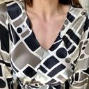 POLECI🍒SZ 4🍒100% SILK BLACK AND WHITE PRINTED WRAP DRESS TASSELED WAIST TIE Photo 1