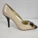 Unisa  Womens Shoes Size 7.5 Tan Black Patent Leather Peep Toe Slip On Heels Photo 11