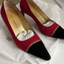 St. John VTG  red and black suede heels w gold chain detail, size 6.5 Photo 1