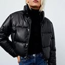 ZARA  Black Faux Leather Cropped Puffer Bomber Jacket | S Photo 1