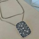 American Vintage Vintage “Jayne” Silver Tone Charm Pendant Necklace Rectangle Scroll Work Metallic Pin Photo 4