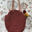 American Eagle  Straw Beach Bag Circular Rust Dark Red Tote with Pom Poms Photo 3