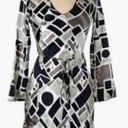 POLECI🍒SZ 4🍒100% SILK BLACK AND WHITE PRINTED WRAP DRESS TASSELED WAIST TIE🍒 Photo 0