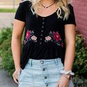 American Eagle AEO Black peplum henley top small red floral embroidery Photo 0