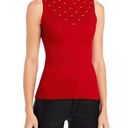 T Tahari  Women's Large Red Rhinestone Mock Neck Sleeveless Ribbed Sweater Pullov Photo 0