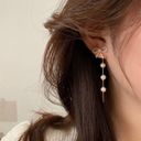 Elegant Bow White Pearl Dangle Drop Earrings for Women Gold Photo 2