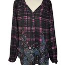 Black Rainn  - Roll Tab Sleeve V Neck Pullover Blouse Purple Black Plaid - Medium Photo 12