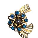 Vintage Blue  Faceted Flower Gold Tone Fashion Brooch Pin Open Work Round Stones Photo 6