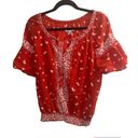 The Moon ✨Ella Top Boho Sz Large  Shirt Red Smocked Waist Ruffle Sleeve Tassel Tie✨ Photo 7