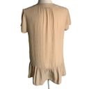 Ro & De  Pleated Peplum Blouse Top S Beige Short Sleeve High Low Hem Tie Neck Photo 3