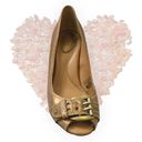 Fossil  Gold Leather Block Heels, Peep toe with buckle, Women's Size 8 1/2 Photo 3