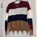 Size 1X plus red white blue brown fringe distressed vneck sweater Photo 0