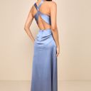 Lulus Pure Elegant Slate Blue Satin Twist Back Maxi Dress Photo 1