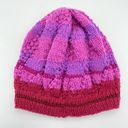 Hand Knit Adult Red Purple & Pink Striped Beanie Hat Photo 1