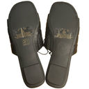 DKNY  Logo Flat Slides Womens Sz 8.5M Black Gold Accents Square Toe Faux Leather Photo 3