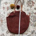 American Eagle  Straw Beach Bag Circular Rust Dark Red Tote with Pom Poms Photo 6