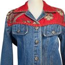 Vintage 90s Denim Jacket with Red Bandana Pattern Panels. 100% Cotton. Medium. Blue Photo 5