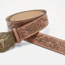 Western Bull Head Buckle Plus Size Belt Vintage Style Faux Leather Embossed 2XL Tan Photo 11