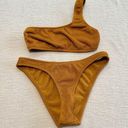 Good American  Bronze Brown Textured Always Fit One Shoulder + Cheeky Bikini S/M Photo 0