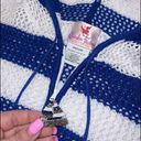 Quaker Factory Vintage Crochet Zip up Blue &White Striped Jacket/Swimsuit cover Size M Photo 2