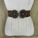 Vintage Brown Suede Leather Belt With Brass & Turquoise Buckle S Photo 8