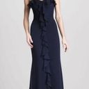 Badgley Mischka  Marina Blue Silk Strapless Ruffle Front Gown Dress Photo 0