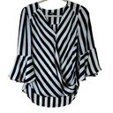 Premise  Studio Black White Striped Bell Sleeve Faux Wrap Blouse Photo 1