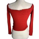 Guess  Off the Shoulder Stretch Crop Top M Red Lettuce Hem Long Sleeves Buttons Photo 3