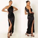 Petal and Pup NWT  Nadia one shoulder Maxi Dress Black Satin Drape Pleated Slit 12 Photo 1