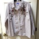 Laura Scott  Striped Blouse, Button front, Embroidered Front, Long Sleeved- Size Photo 0